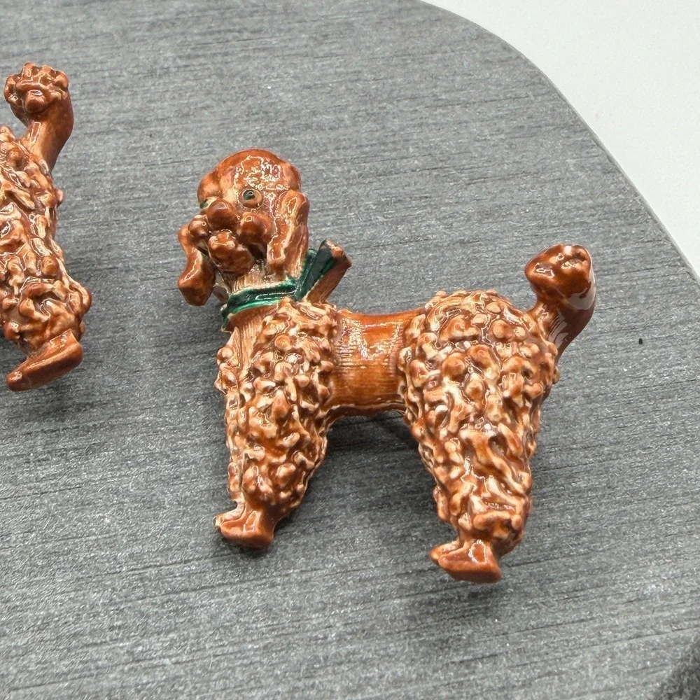Vintage Pair Enamel Poodle Dog Brooch Pins Brown Green Figural Costume Jewelry